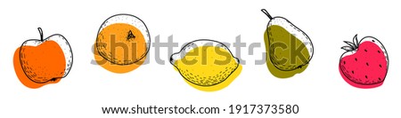 A set of fruit icons on a white background. Apple, orange, lemon, pear, strawberry. Fruit doodles are black with abstract colored shapes. Line drawing style. The objects are isolated. Vector. Royalty-Free Stock Photo #1917373580