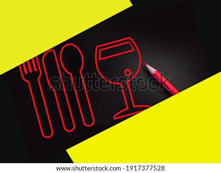 Fork, knife and spoon Eat and drink icons sign in yellow on black. Traffic signs. Bar concept.