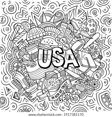 USA hand drawn cartoon doodle illustration. Funny American design. Creative art vector background. Handwritten text with elements and objects