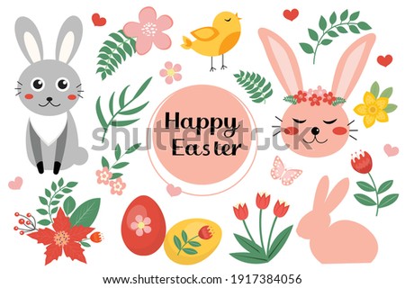 Happy Easter cute set with Easter bunny, rabbit, eggs, flowers. Hello spring set icons, objects. Vector illustration
