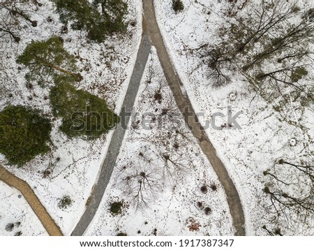 Snow-covered paths in the park. Aerial drone view. Winter cloudy morning.