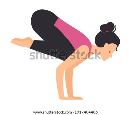 Girl Doing Yoga Exercise, Slim Sporty Young Woman Practicing Crane Yoga Pose Flat Style Vector Illustration