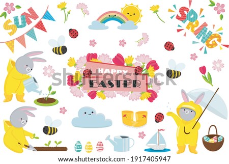 Spring and Easter collection of cute bunnies, flowers and decorations. Perfect for poster, greeting card, scrapbooking, tag, invitation, sticker set. Hand drawn vector illustration.