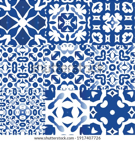 Antique portuguese azulejo ceramic. Universal design. Kit of vector seamless patterns. Blue floral and abstract decor for scrapbooking, smartphone cases, T-shirts, bags or linens.