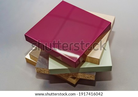 top view of interior finishing material combination samples of finishing material based on laminated chipboard and MDF Royalty-Free Stock Photo #1917416042