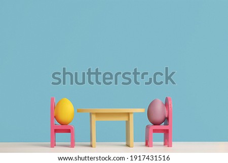 Easter holiday concept with cute eggs life. Different emotions and feelings. Lovely couple eggs sitting on chairs