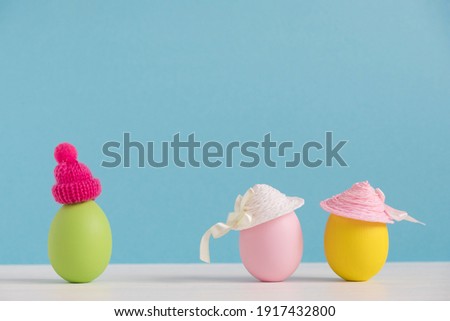 Easter holiday concept with cute eggs with funny faces. Different emotions and feelings. Guys want to meet girls.