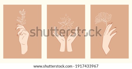 A set of three minimalist pastel posters. Backgrounds for your social media, web design, interiors. Vintage cute illustrations with different hands, flowers, plants, leaves from thin white lines. Royalty-Free Stock Photo #1917433967