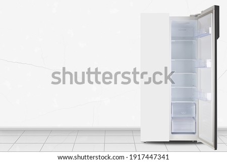 Major appliance - Open Two-door side by side refrigerator in front on a white wall background Royalty-Free Stock Photo #1917447341