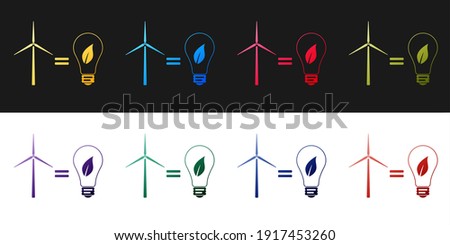 Set Wind turbine and light bulb with leaves as idea of eco-friendly source of energy icon isolated on black and white background. Vector.