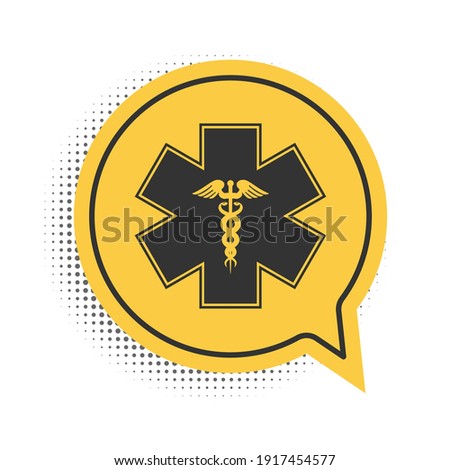 Black Emergency star - medical symbol Caduceus snake with stick icon isolated on white background. Star of Life. Yellow speech bubble symbol. Vector.