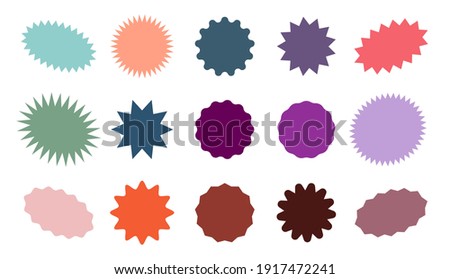 Starburst colorful tag. Star burst badge vignette. Vector simple pink red green blue round collection