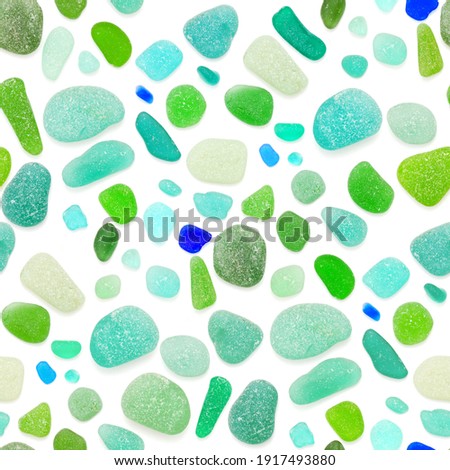 Seamless repeatable sea glass mosaic, pieces of sea glass isolated on white background Royalty-Free Stock Photo #1917493880