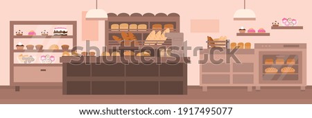 Empty bakery interior. Shop showcase and wooden shelves with fresh pastries, sweets, cakes and bread. Vector flat cartoon illustration, horizontal banner. Royalty-Free Stock Photo #1917495077