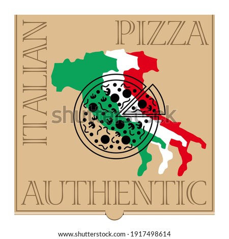 Box for pizza delivery, closed and top view, decorated with a simplified illustration of pizza, the map of Italy in the color of their flag and graphic typographies.