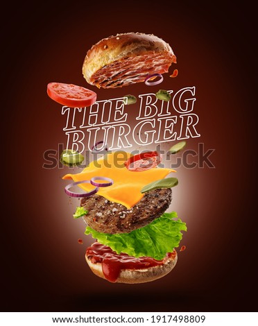 Jumping Burger ads, delicious and attractive hamburger with refreshing ingredients on brown background. Flying cheeseburger