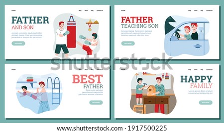 Set website banners with father teaching his son based life skills, cartoon vector illustrations set. Web banners with happy family of father and child together.