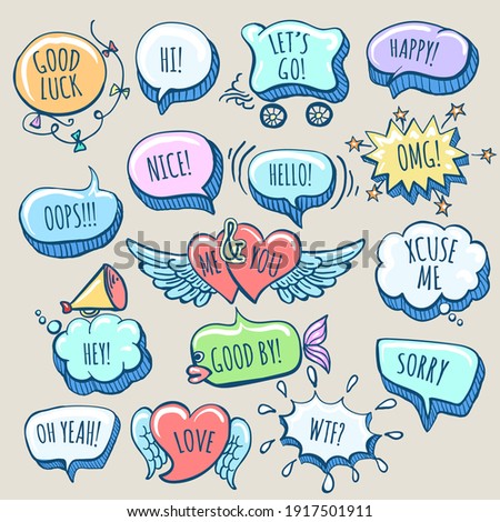 Set of Hand Drawn Doodle Cartoon Speech Bubbles with wordings. Vector illustration.