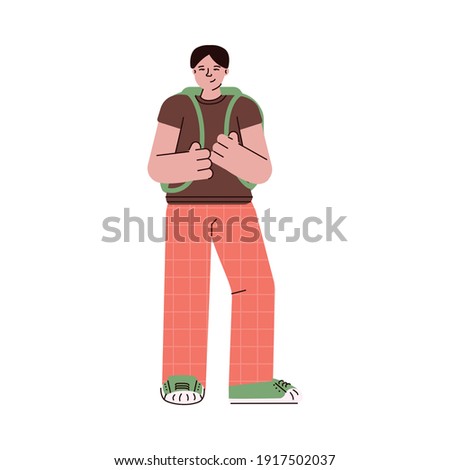 Cartoon student man with friendly smile standing with backpack bag isolated on white background. Male school or university pupil - flat vector illustration.