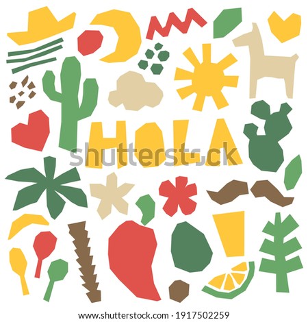 Paper cut Hola Mexico shapes set. Contemporary trendy collage for web background, fabric and covering design. Cute and modern isolated elements.