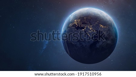Sphere of nightly Earth planet in outer space. City lights on planet. Life of people. Solar system element. Elements of this image furnished by NASA Royalty-Free Stock Photo #1917510956