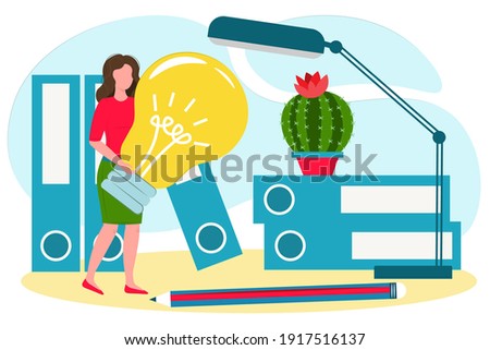 business woman has a creative idea. mini concept. girl holding a light bulb. business idea. drawing isolated on white background 