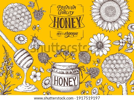 Honey hand drawn vector illustration. Healthy food illustration. Lettering Premium Quality Honey 100% Organic. Honeycomb, flowers, jar of honey sketch.