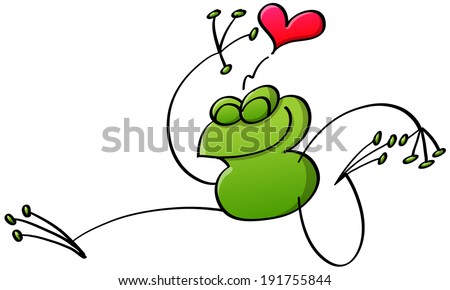 Happy weird frog in a minimalist style jumping out of joy, smiling, clenching its eyes and showing it is in love