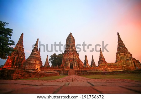 Old Temple wat Chaiwatthanaram of Ayuthaya Province( Ayutthaya Historical Park )Asia Thailand,silhouette