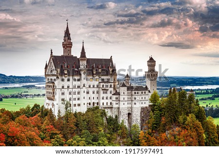 Neuschwanstein castle, summer landscape  picture of the fairy tale castle near Munich in Bavaria, Germany