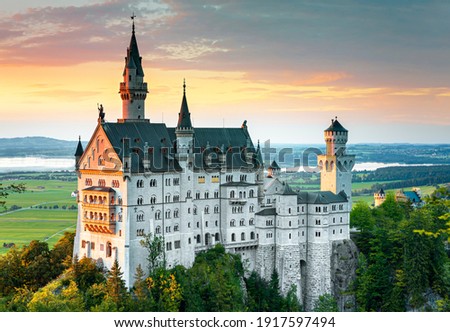 Neuschwanstein castle, summer landscape  picture of the fairy tale castle near Munich in Bavaria, Germany