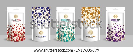 Tea packaging design with zip pouch bag mockup. Vintage vector ornament template. Elegant, classic elements. Great for food, drink and other package types. Can be used for background and wallpaper. Royalty-Free Stock Photo #1917605699