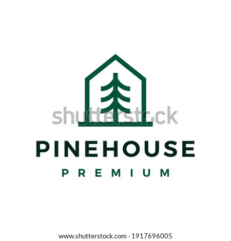 pine tree house monoline line logo vector icon illustration
