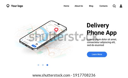 Phone city map landing page. Mobile delivery application interface. Online tracking courier route on urban plan. Website UI realistic design, smartphone GPS service with buttons. Vector web mockup Royalty-Free Stock Photo #1917708236