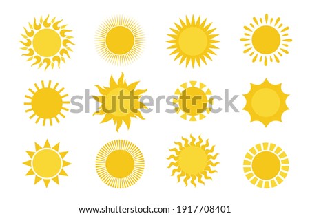 Sun icons. Round simple graphic element collection, summer sun yellow weather symbols for print and logo. Graphic circle sunshine solar silhouettes for decor, vector set isolated on white background