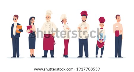 Restaurant workers. Standing in row people work in cafe. Cartoon waiter and chief, administrator and kitchen staff wear uniform. Career concept, service sector employment. Vector set of employees Royalty-Free Stock Photo #1917708539