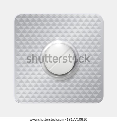 Realistic pill blister. Drug and vitamin in blister pack, round tablet in individually packaging, textured silver wrapper for medicines, Pharmacological medical product, vector mockup for branding Royalty-Free Stock Photo #1917710810