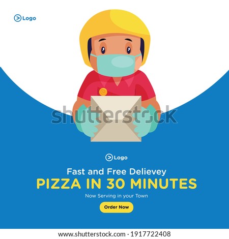 Banner design of pizza in 30 minutes. Pizza delivery boy wearing face mask and hand gloves while delivering. Vector graphic illustration.