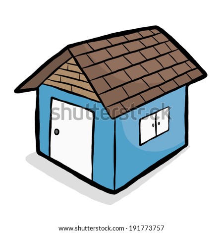 blue house with brown roof and white door / cartoon vector and illustration, hand drawn style, isolated on white background.