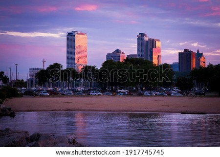 Skyline of downtown urban city Milwaukee, Wisconsin in USA.