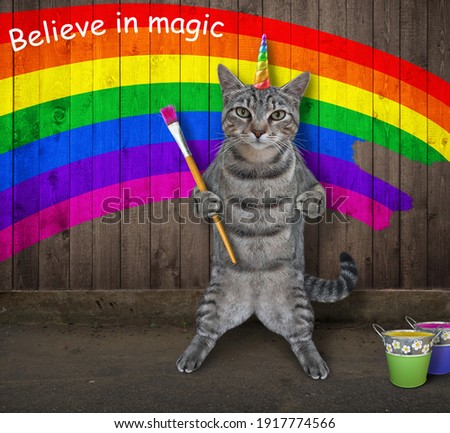 A gray cat unicorn with a paintbrush draws rainbow on a wooden fence. Believe in magic.