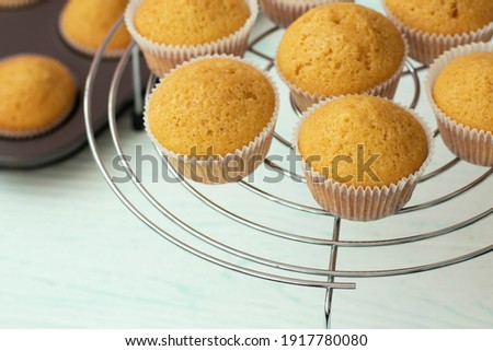 freshly baked vanilla muffins are cooled on a spiral rack. Homemade baking. Home food concept. Cupcakes in paper forms. High quality photo