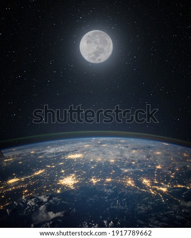 Full moon. and planet Earth against the background of the starry night sky. Space background with Earth and satellite Moon. Elements of this image furnished by NASA.