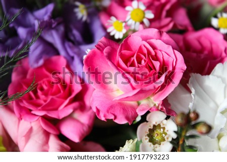 Beautiful luxury spring bouquet of mixed flowers. The work of the florist. Romantic concept. Close up. Spring banner. Easter and spring greeting card. Woman day concept. Copyspace for text.