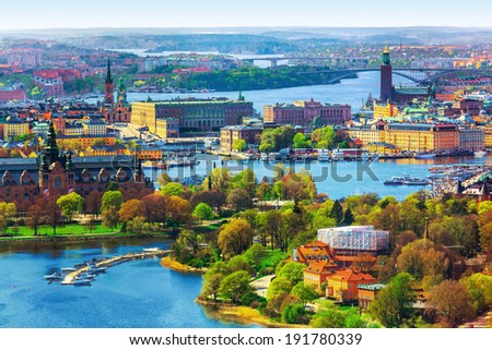 Scenic summer aerial panorama of the Old Town (Gamla Stan) architecture in Stockholm, Sweden Royalty-Free Stock Photo #191780339