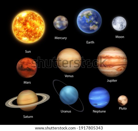 Planets of Solar System realistic set of vector space, astronomy design. Universe galaxy planets and stars, Earth, Sun, Mercury and Jupiter,Saturn and Uranus with rings, Pluto, Moon, Venus and Neptune Royalty-Free Stock Photo #1917805343