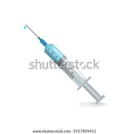 Medical syringe with blue liquid isolated on white background. Flat vector illustration Royalty-Free Stock Photo #1917809411
