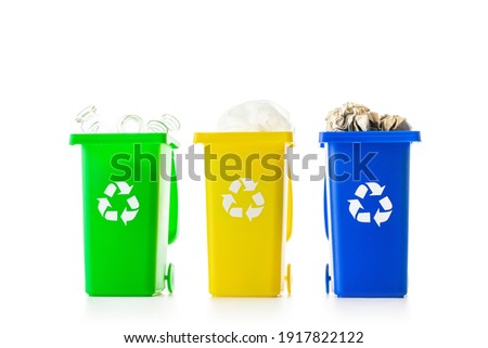 Trash bin. Yellow, green, blue dustbin for recycle plastic, paper and glass can trash isolated on white background. Container for disposal garbage waste and save environment