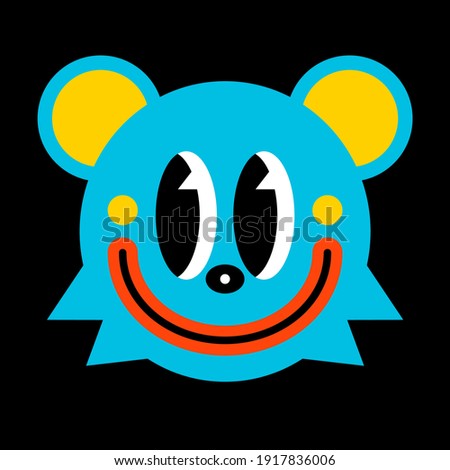 Blue crazy bear, face with smile. Abstract funny cute comic character. Color vector trendy illustration isolated on a black background. Cartoon style, flat design. For prints, logo, stories, card.