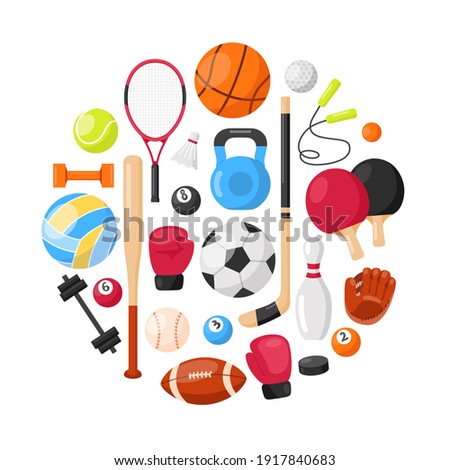 Sports equipment background. Sport concept with balls and gaming items. Balls for football, basketball, volleyball, rugby, soccer, tennis,  golf. Athletic icons. Fitness equipment in round composition Royalty-Free Stock Photo #1917840683